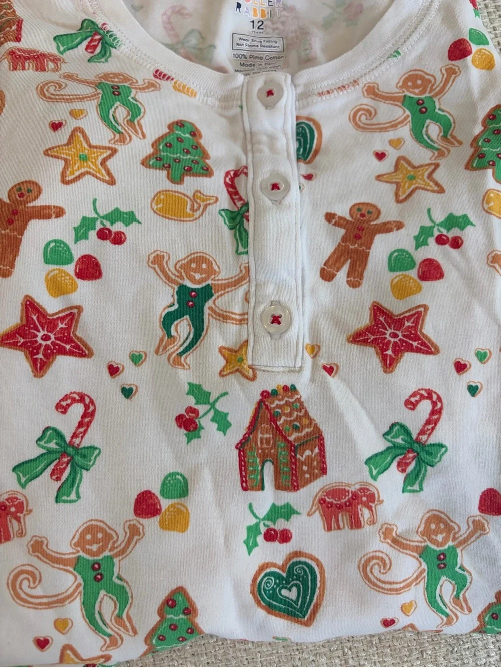Roller Rabbit Kids 12 Pajama Set - Festive monkey, gingerbread holiday print EUC